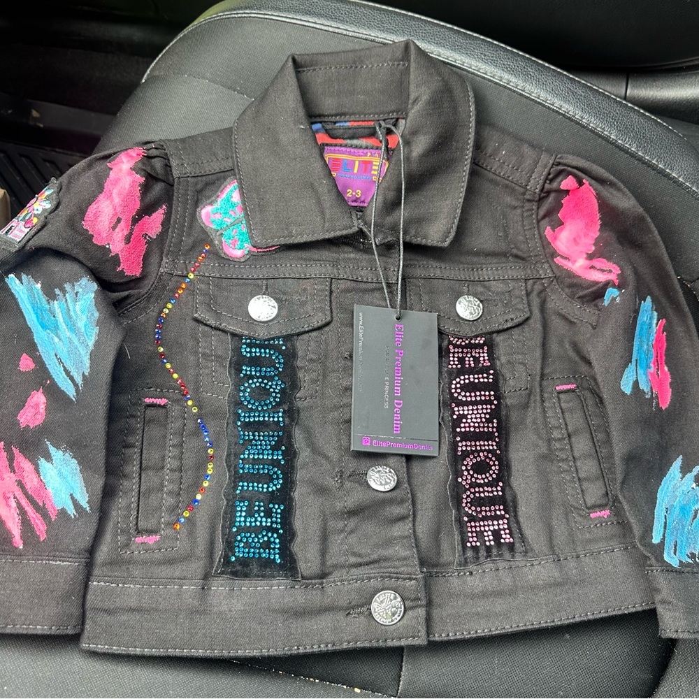 Kids Black Denim Jacket with Pink and Blue Accents